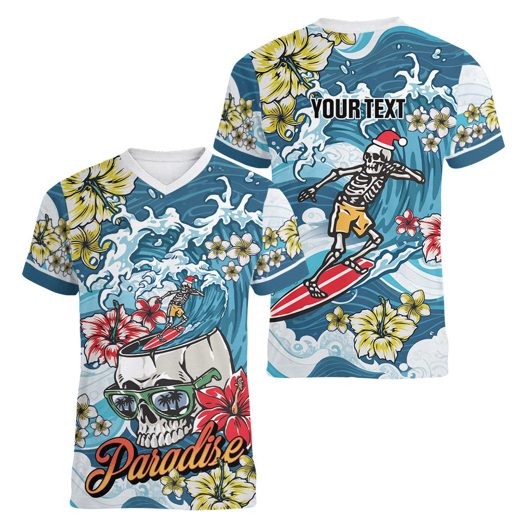 Hawaii Santa Skeleton Surfing Personalized Women V-Neck T-Shirt Mele Kalikimaka i Iulai!