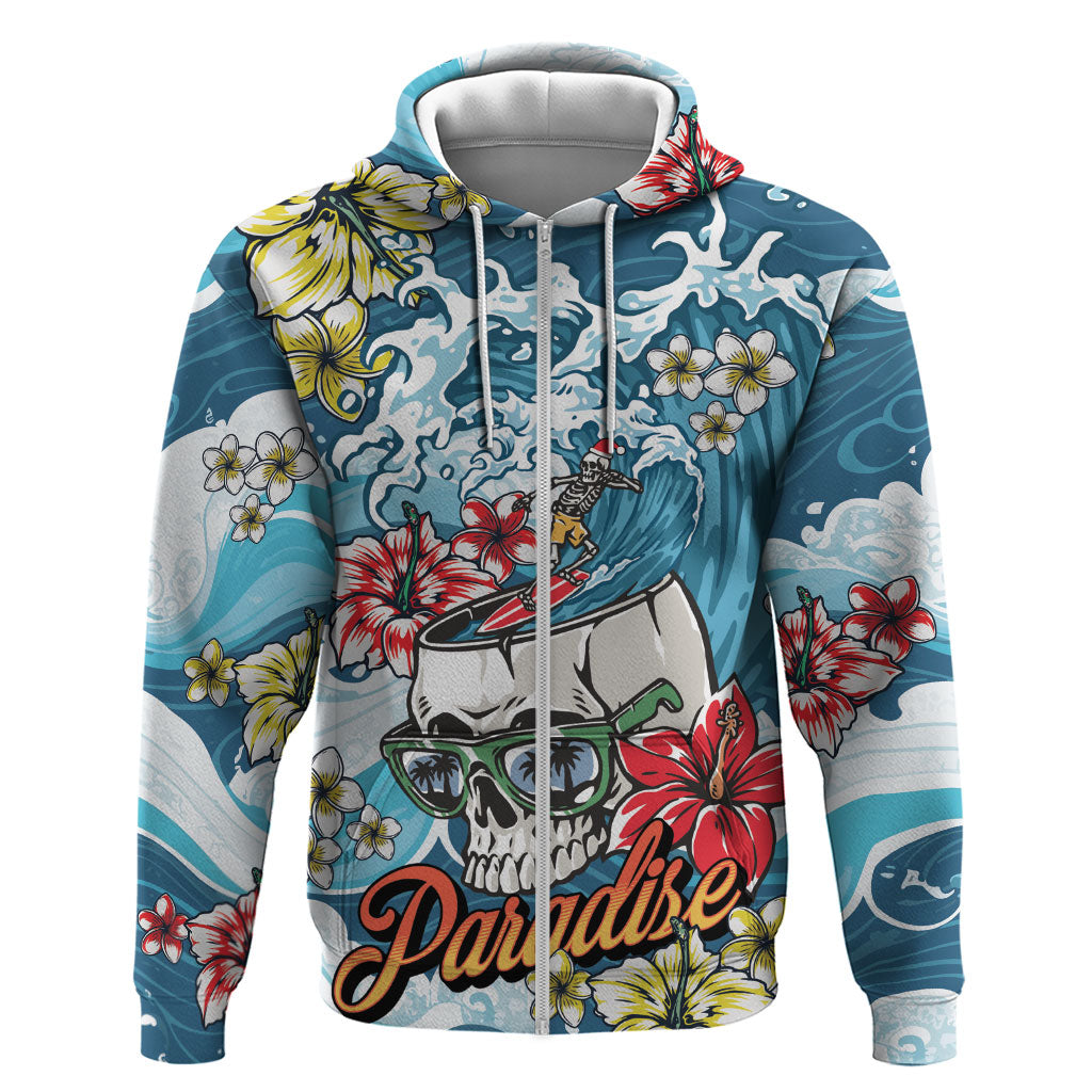 Hawaii Santa Skeleton Surfing Personalized Zip Hoodie Mele Kalikimaka i Iulai!