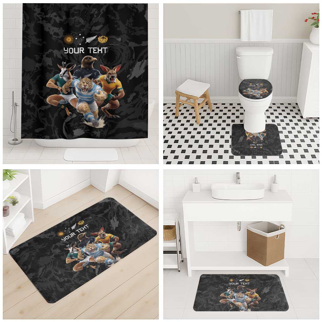 Custom Rugby Southern Hemisphere Bathroom Set Argentina AUNZ South Africa Mascot Black - Polynesian Pride