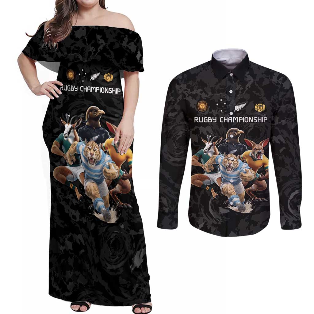 Custom Rugby Southern Hemisphere Couples Matching Off Shoulder Maxi Dress and Long Sleeve Button Shirt Argentina AUNZ South Africa Mascot Black - Polynesian Pride