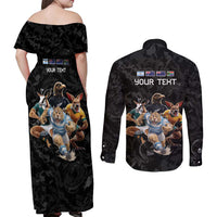 Custom Rugby Southern Hemisphere Couples Matching Off Shoulder Maxi Dress and Long Sleeve Button Shirt Argentina AUNZ South Africa Mascot Black - Polynesian Pride