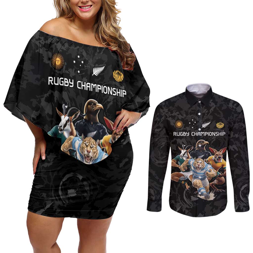 Custom Rugby Southern Hemisphere Couples Matching Off Shoulder Short Dress and Long Sleeve Button Shirt Argentina AUNZ South Africa Mascot Black - Polynesian Pride