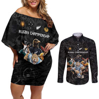 Custom Rugby Southern Hemisphere Couples Matching Off Shoulder Short Dress and Long Sleeve Button Shirt Argentina AUNZ South Africa Mascot Black - Polynesian Pride