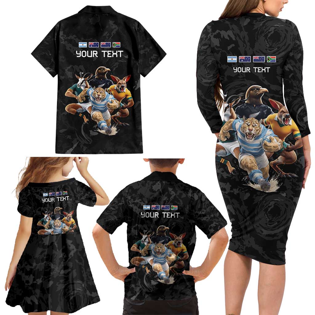 Custom Rugby Southern Hemisphere Family Matching Long Sleeve Bodycon Dress and Hawaiian Shirt Argentina AUNZ South Africa Mascot Black - Polynesian Pride