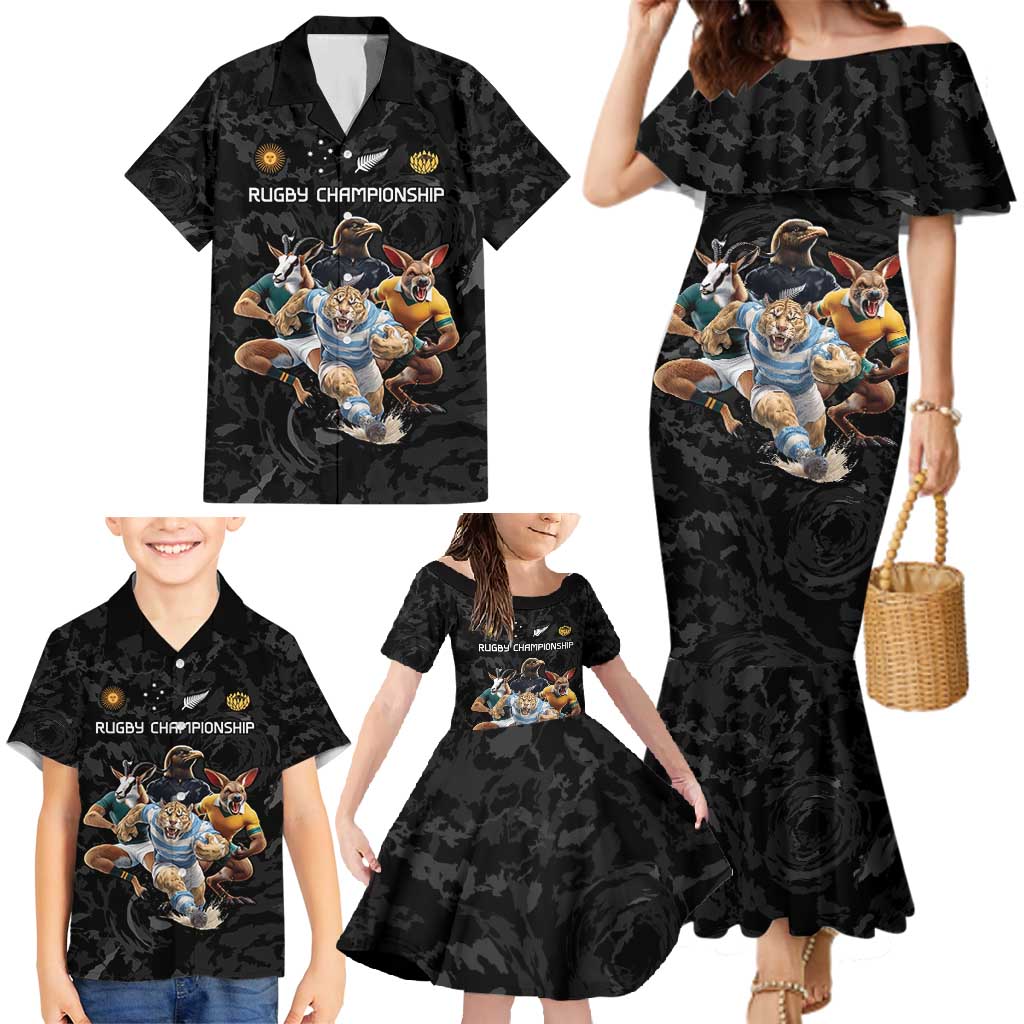 Custom Rugby Southern Hemisphere Family Matching Mermaid Dress and Hawaiian Shirt Argentina AUNZ South Africa Mascot Black - Polynesian Pride