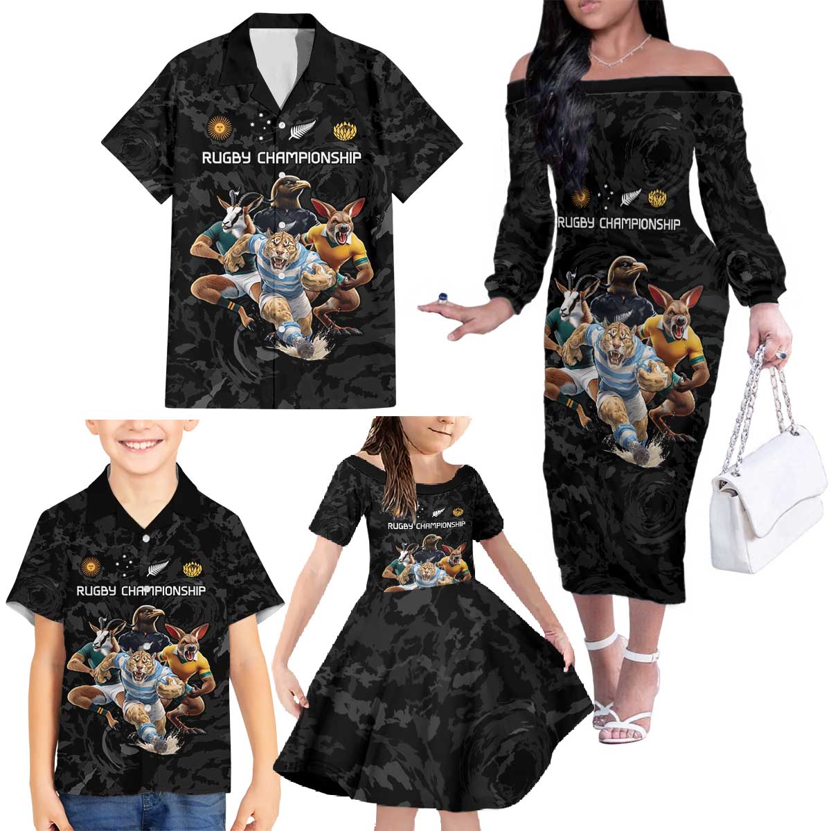 Custom Rugby Southern Hemisphere Family Matching Off The Shoulder Long Sleeve Dress and Hawaiian Shirt Argentina AUNZ South Africa Mascot Black - Polynesian Pride