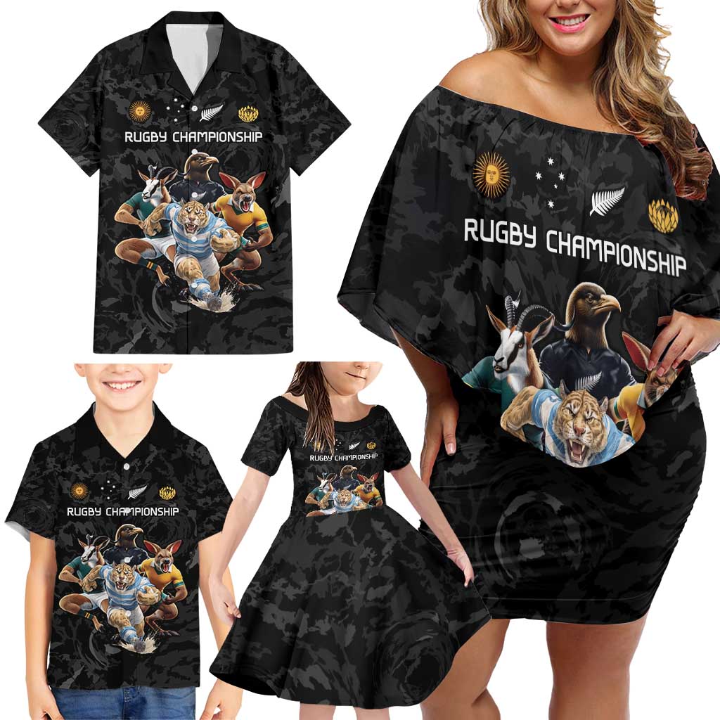 Custom Rugby Southern Hemisphere Family Matching Off Shoulder Short Dress and Hawaiian Shirt Argentina AUNZ South Africa Mascot Black - Polynesian Pride