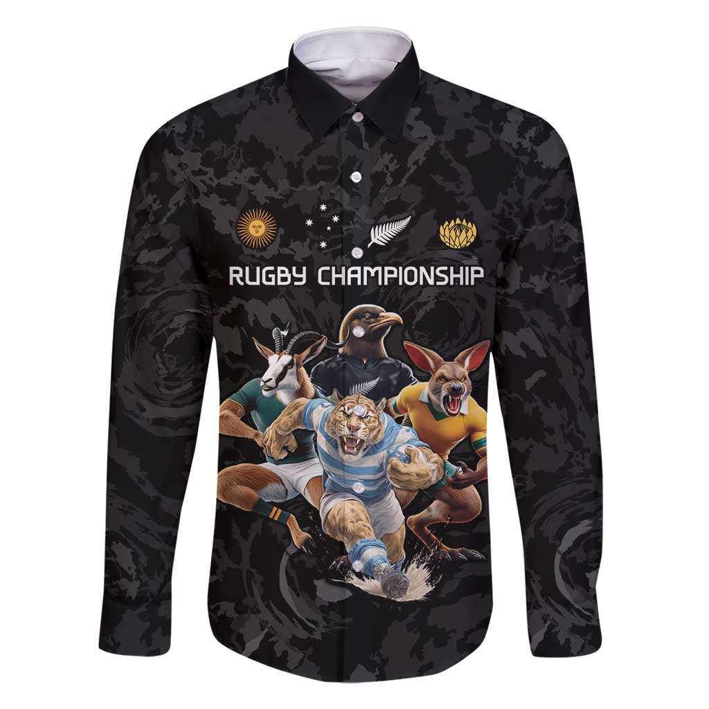 Custom Rugby Southern Hemisphere Family Matching Off Shoulder Short Dress and Hawaiian Shirt Argentina AUNZ South Africa Mascot Black - Polynesian Pride