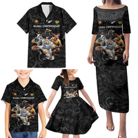 Custom Rugby Southern Hemisphere Family Matching Puletasi and Hawaiian Shirt Argentina AUNZ South Africa Mascot Black - Polynesian Pride