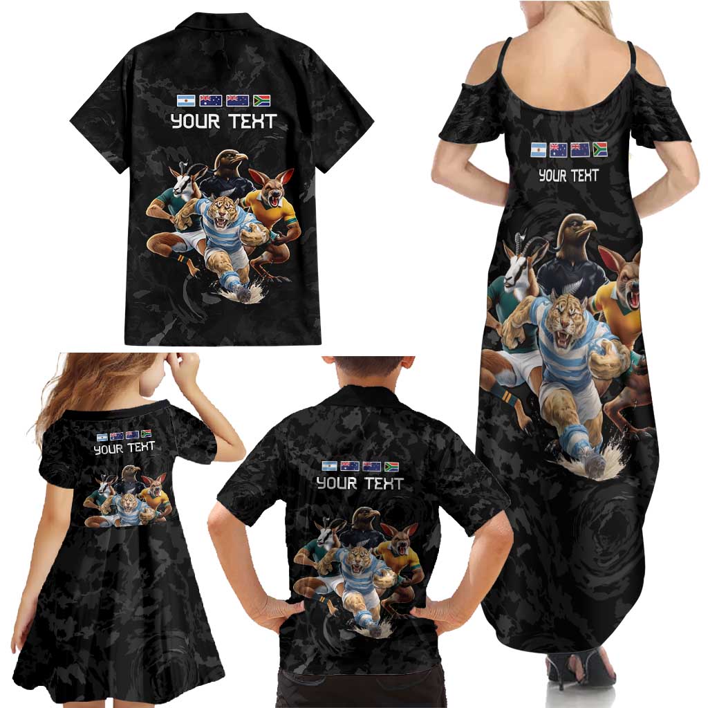 Custom Rugby Southern Hemisphere Family Matching Summer Maxi Dress and Hawaiian Shirt Argentina AUNZ South Africa Mascot Black - Polynesian Pride