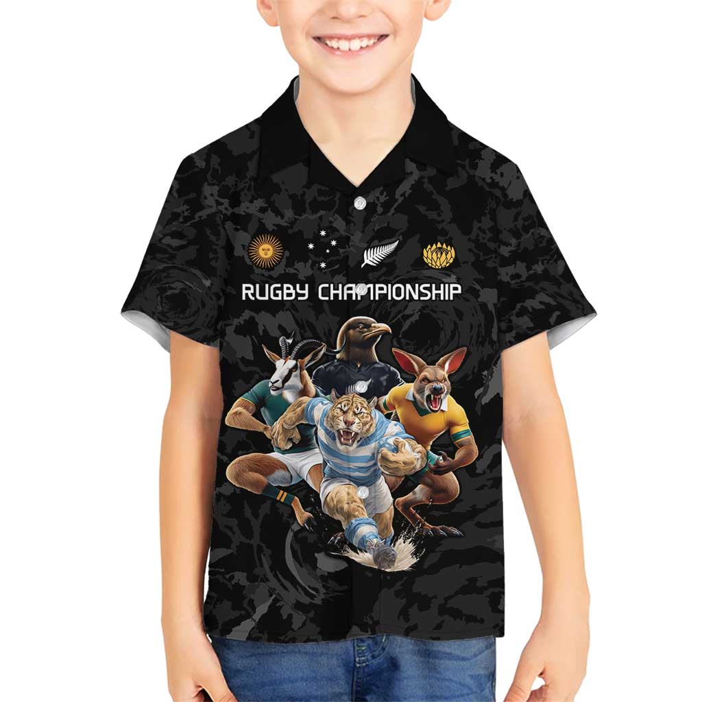 Custom Rugby Southern Hemisphere Family Matching Summer Maxi Dress and Hawaiian Shirt Argentina AUNZ South Africa Mascot Black - Polynesian Pride