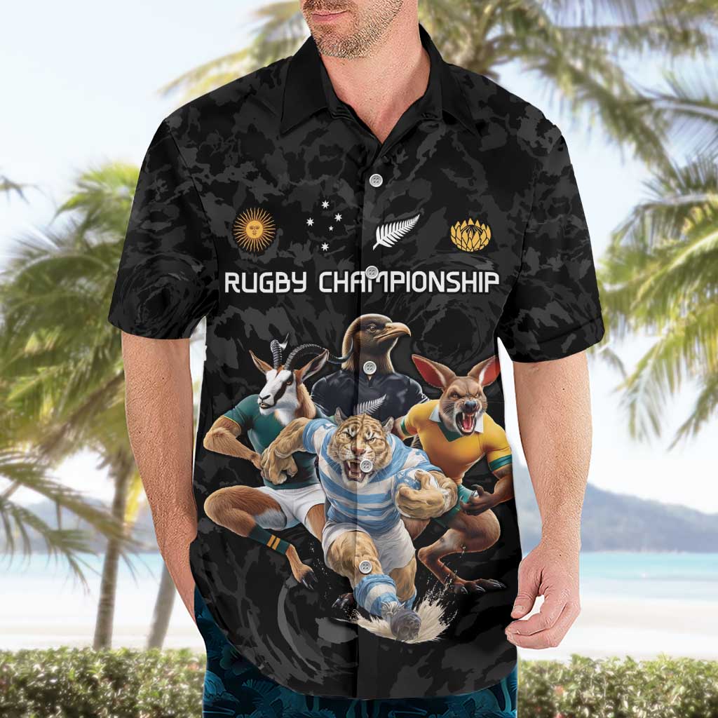 Custom Rugby Southern Hemisphere Hawaiian Shirt Argentina AUNZ South Africa Mascot Black - Polynesian Pride