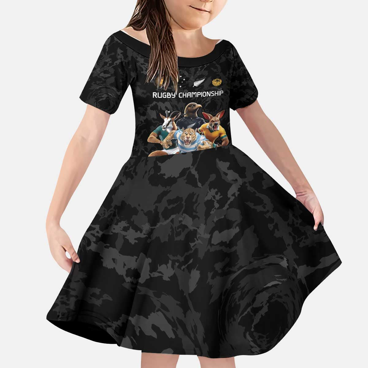 Custom Rugby Southern Hemisphere Kid Short Sleeve Dress Argentina AUNZ South Africa Mascot Black - Polynesian Pride
