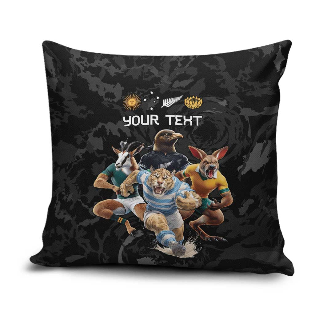Custom Rugby Southern Hemisphere Pillow Cover Argentina AUNZ South Africa Mascot Black - Polynesian Pride
