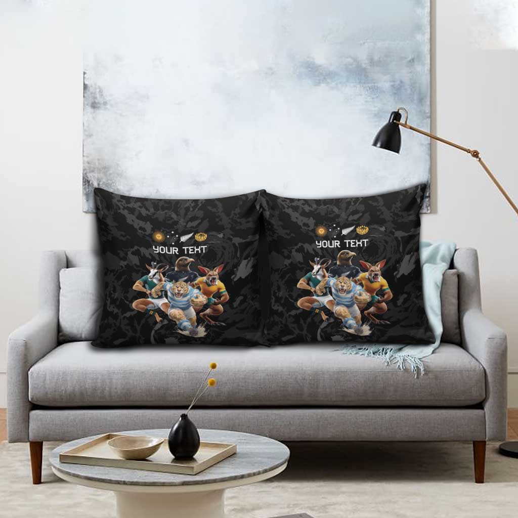 Custom Rugby Southern Hemisphere Pillow Cover Argentina AUNZ South Africa Mascot Black - Polynesian Pride