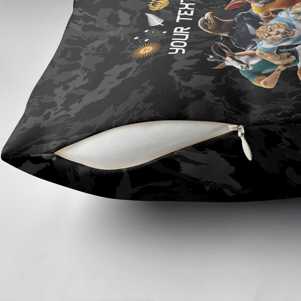 Custom Rugby Southern Hemisphere Pillow Cover Argentina AUNZ South Africa Mascot Black - Polynesian Pride