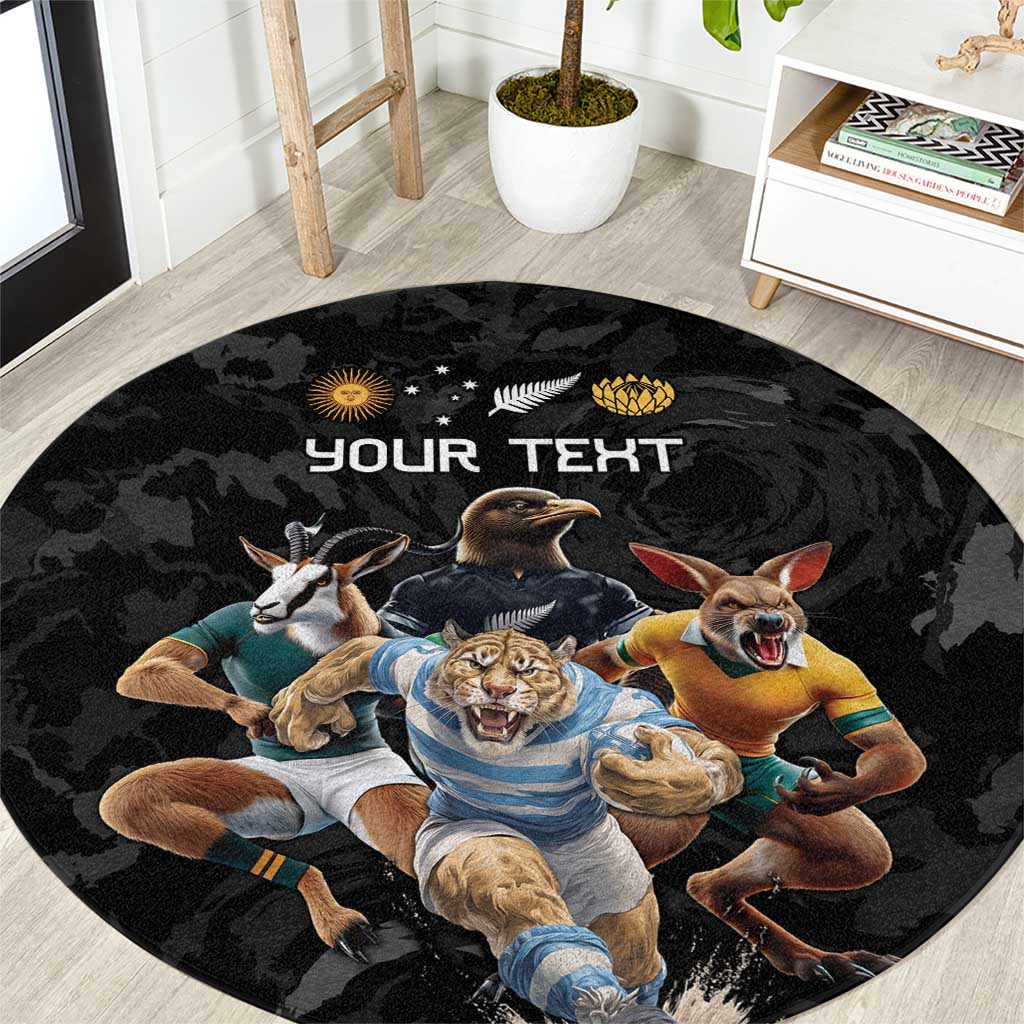 Custom Rugby Southern Hemisphere Round Carpet Argentina AUNZ South Africa Mascot Black LT9 Black - Polynesian Pride