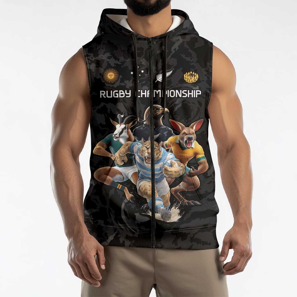 Custom Rugby Southern Hemisphere Sleeveless Zip Hoodie Argentina AUNZ South Africa Mascot Black - Polynesian Pride