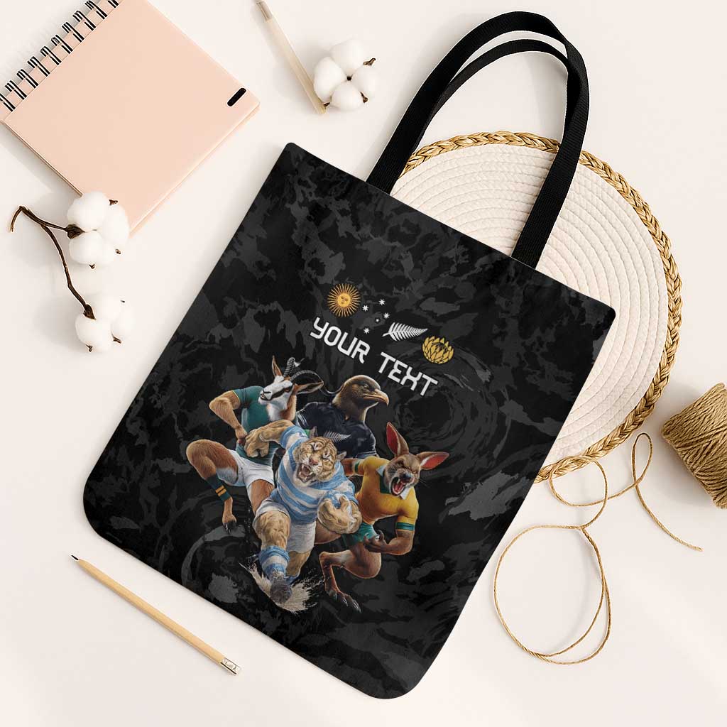 Custom Rugby Southern Hemisphere Tote Bag Argentina AUNZ South Africa Mascot Black - Polynesian Pride