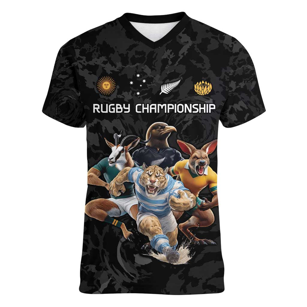 Custom Rugby Southern Hemisphere Women V-Neck T-Shirt Argentina AUNZ South Africa Mascot Black - Polynesian Pride