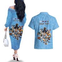 Custom Rugby Southern Hemisphere Couples Matching Off The Shoulder Long Sleeve Dress and Hawaiian Shirt Argentina AUNZ South Africa Mascot Blue - Polynesian Pride