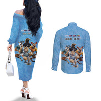 Custom Rugby Southern Hemisphere Couples Matching Off The Shoulder Long Sleeve Dress and Long Sleeve Button Shirt Argentina AUNZ South Africa Mascot Blue - Polynesian Pride