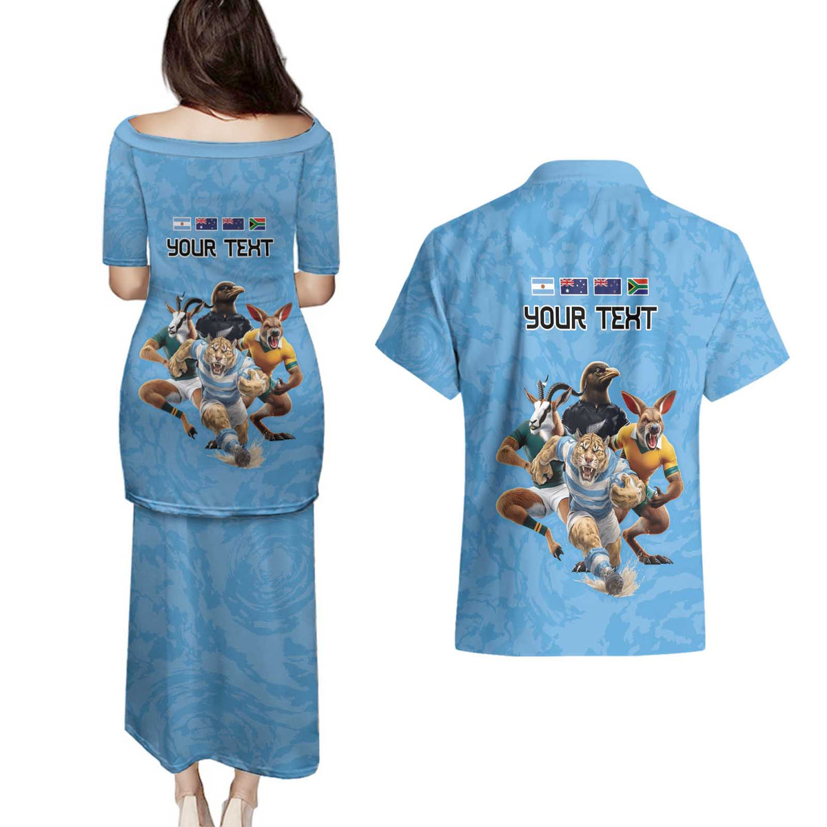 Custom Rugby Southern Hemisphere Couples Matching Puletasi and Hawaiian Shirt Argentina AUNZ South Africa Mascot Blue - Polynesian Pride
