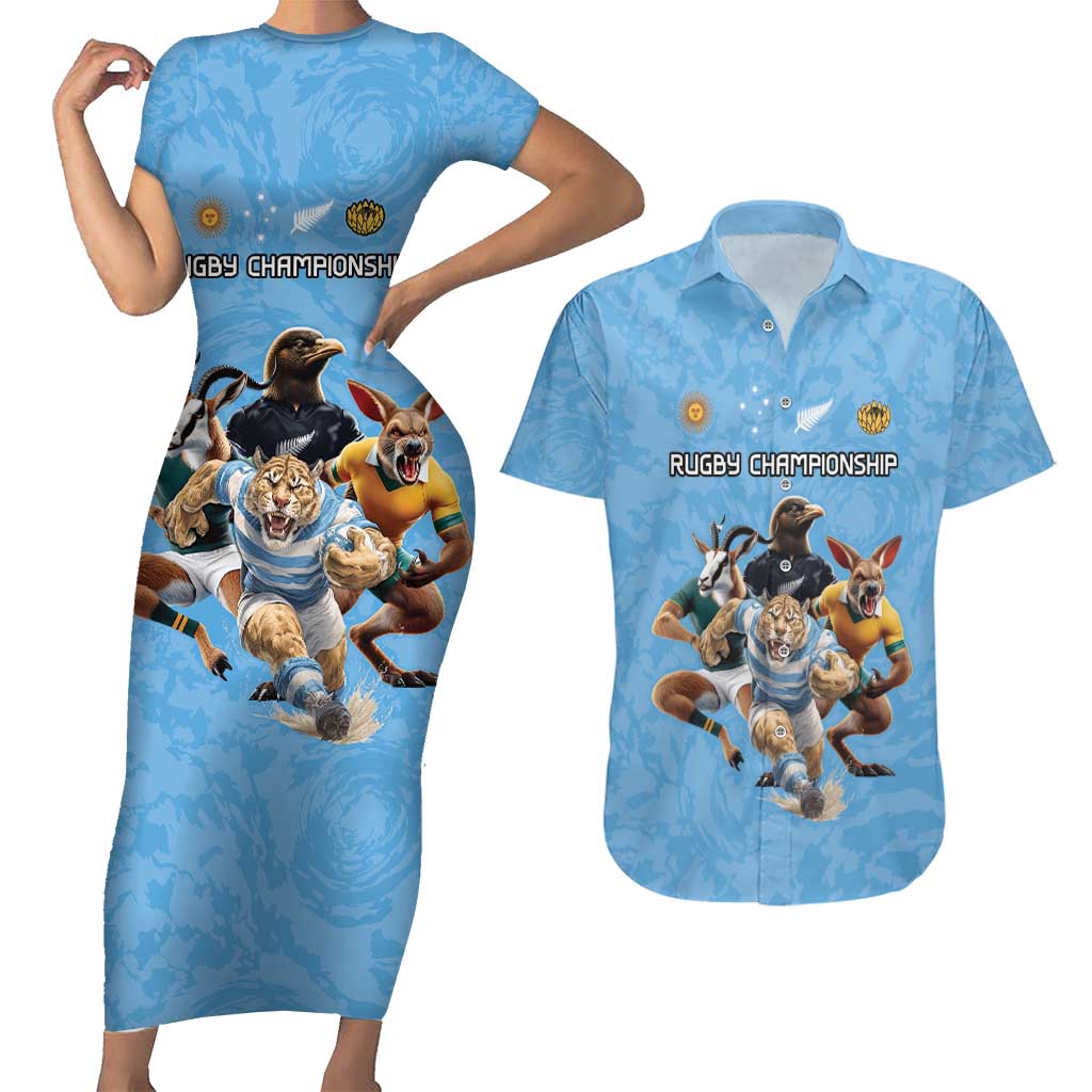 Custom Rugby Southern Hemisphere Couples Matching Short Sleeve Bodycon Dress and Hawaiian Shirt Argentina AUNZ South Africa Mascot Blue - Polynesian Pride