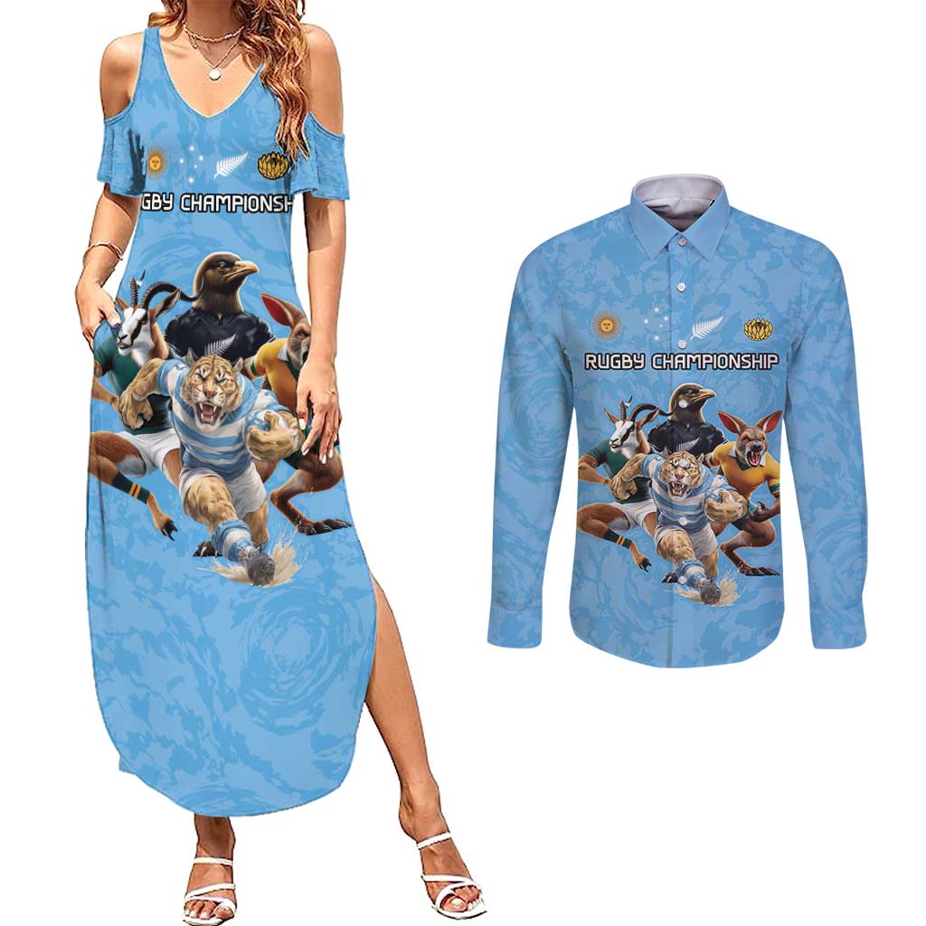 Custom Rugby Southern Hemisphere Couples Matching Summer Maxi Dress and Long Sleeve Button Shirt Argentina AUNZ South Africa Mascot Blue - Polynesian Pride