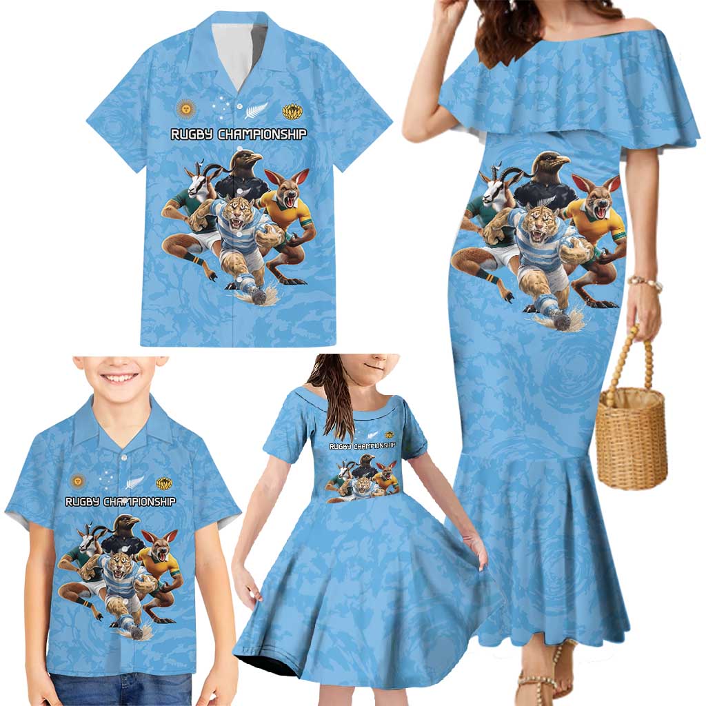 Custom Rugby Southern Hemisphere Family Matching Mermaid Dress and Hawaiian Shirt Argentina AUNZ South Africa Mascot Blue - Polynesian Pride