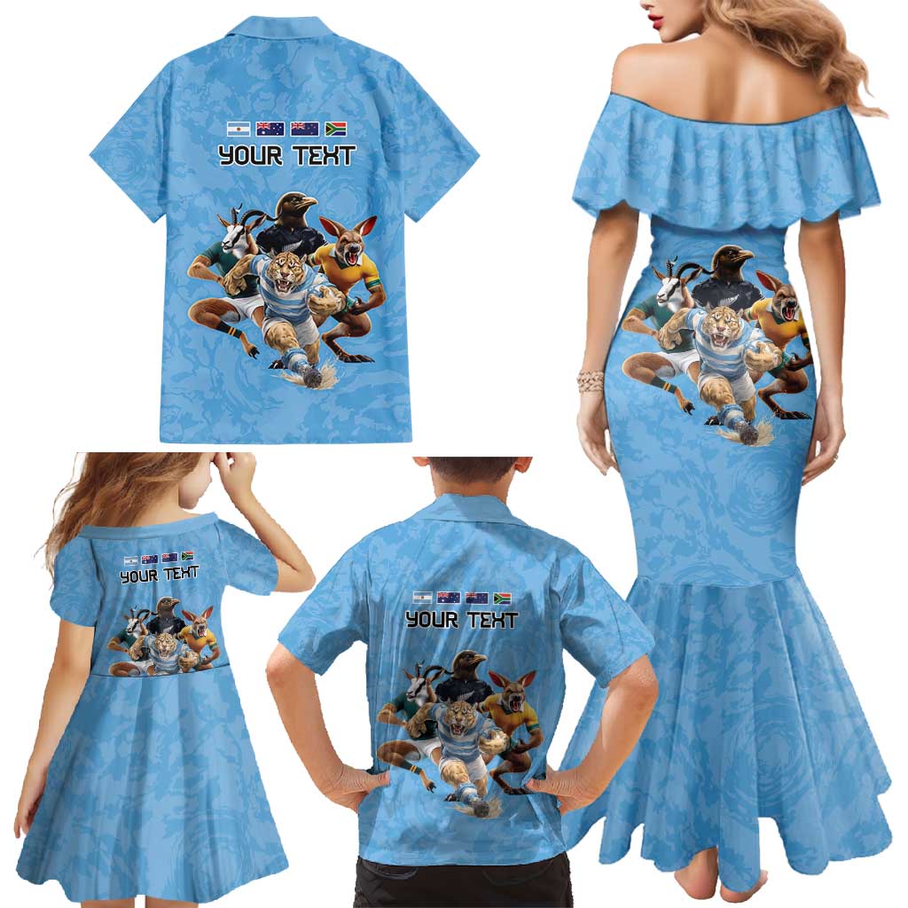 Custom Rugby Southern Hemisphere Family Matching Mermaid Dress and Hawaiian Shirt Argentina AUNZ South Africa Mascot Blue - Polynesian Pride