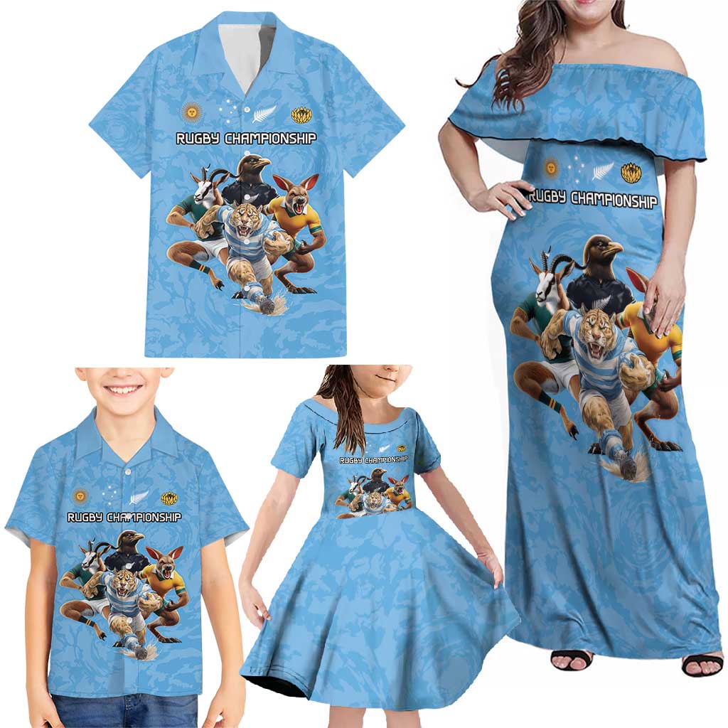 Custom Rugby Southern Hemisphere Family Matching Off Shoulder Maxi Dress and Hawaiian Shirt Argentina AUNZ South Africa Mascot Blue - Polynesian Pride