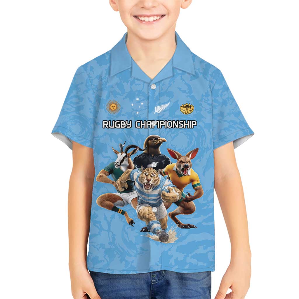 Custom Rugby Southern Hemisphere Family Matching Off Shoulder Maxi Dress and Hawaiian Shirt Argentina AUNZ South Africa Mascot Blue - Polynesian Pride