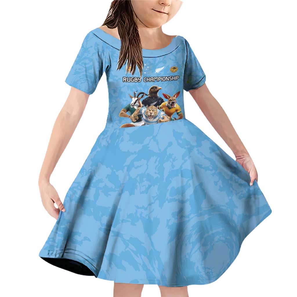 Custom Rugby Southern Hemisphere Family Matching Off Shoulder Short Dress and Hawaiian Shirt Argentina AUNZ South Africa Mascot Blue - Polynesian Pride