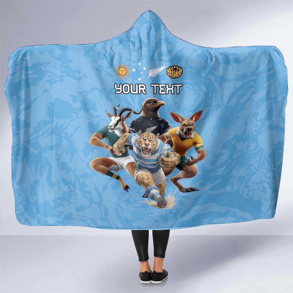 Custom Rugby Southern Hemisphere Hooded Blanket Argentina AUNZ South Africa Mascot Blue - Polynesian Pride