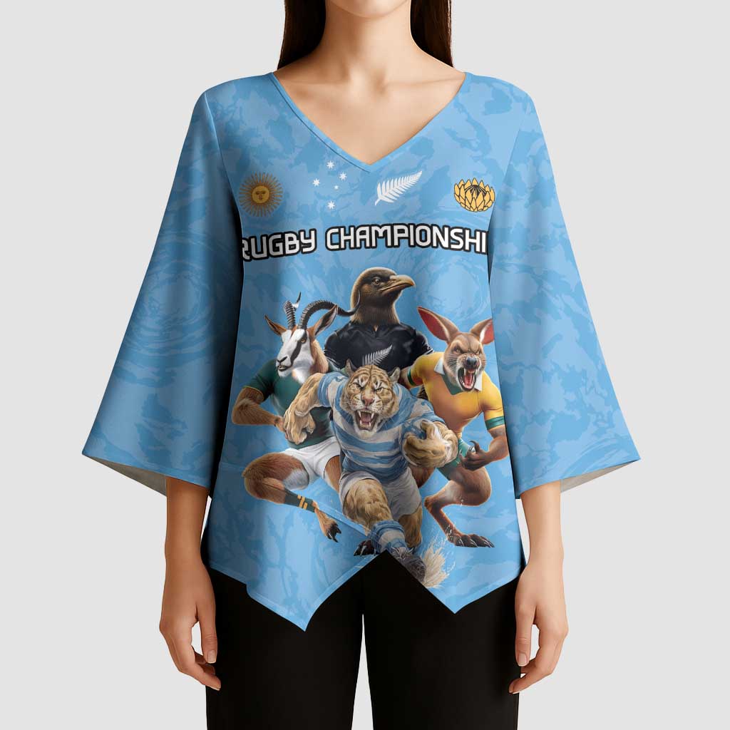 Custom Rugby Southern Hemisphere Kimono Sleeve Blouse Argentina AUNZ South Africa Mascot Blue - Polynesian Pride