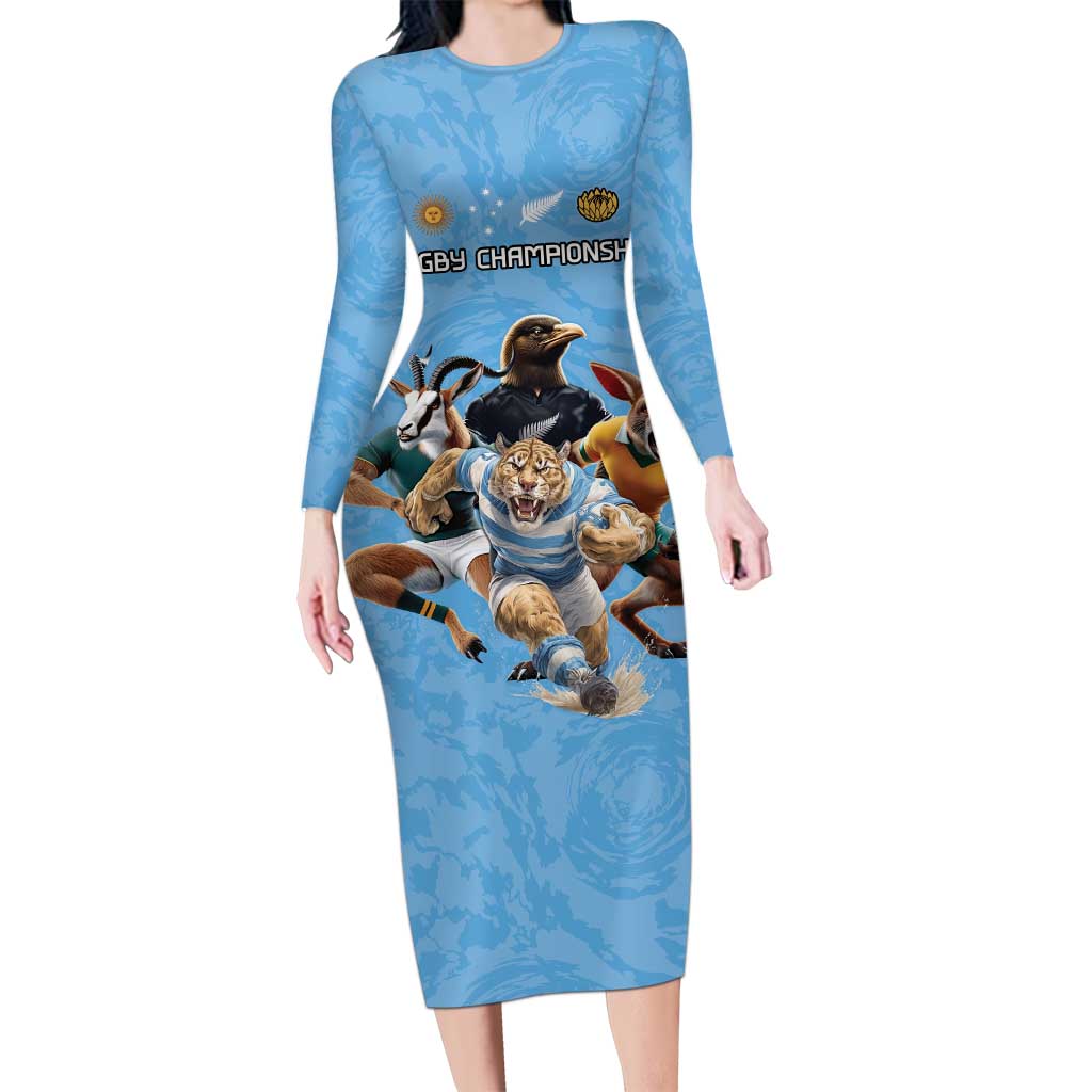 Custom Rugby Southern Hemisphere Long Sleeve Bodycon Dress Argentina AUNZ South Africa Mascot Blue - Polynesian Pride