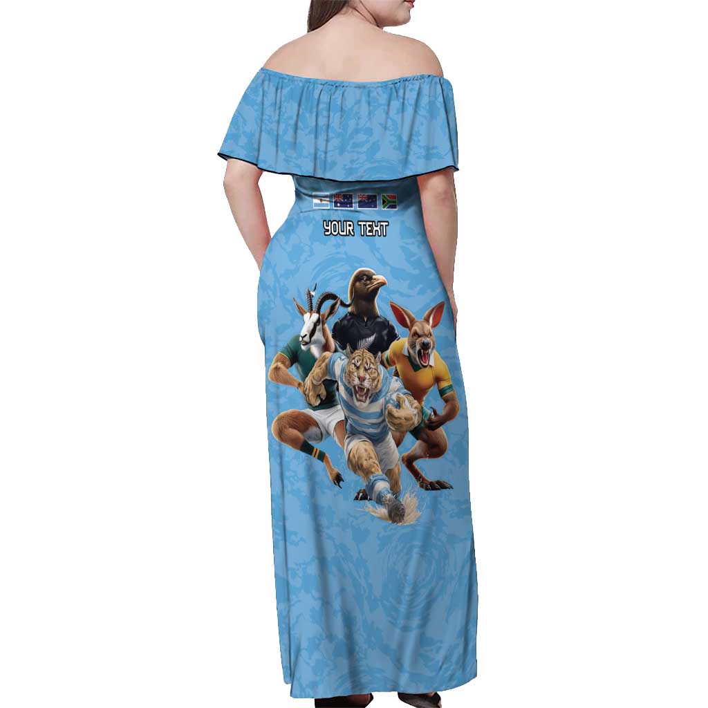 Custom Rugby Southern Hemisphere Off Shoulder Maxi Dress Argentina AUNZ South Africa Mascot Blue - Polynesian Pride