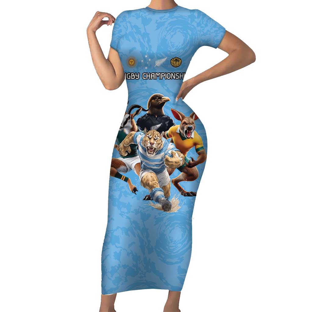 Custom Rugby Southern Hemisphere Short Sleeve Bodycon Dress Argentina AUNZ South Africa Mascot Blue - Polynesian Pride