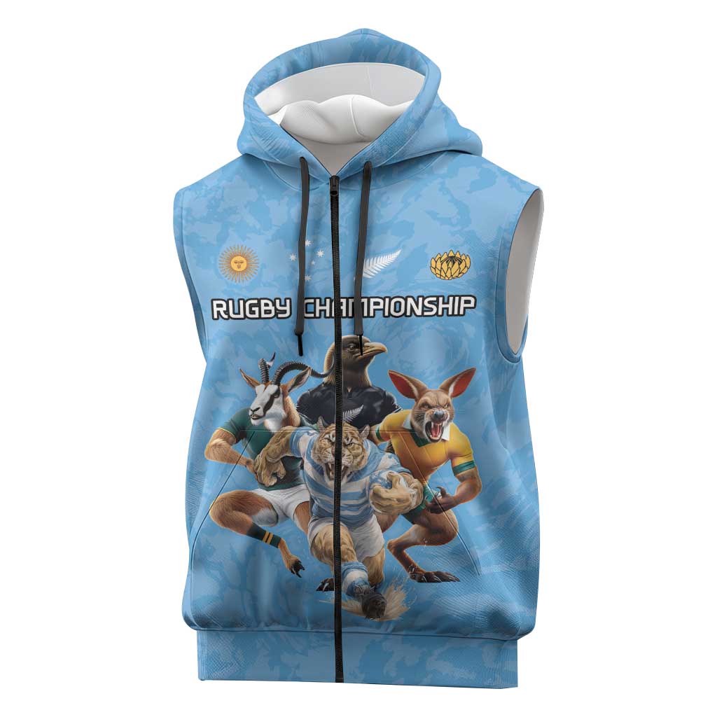 Custom Rugby Southern Hemisphere Sleeveless Zip Hoodie Argentina AUNZ South Africa Mascot Blue - Polynesian Pride