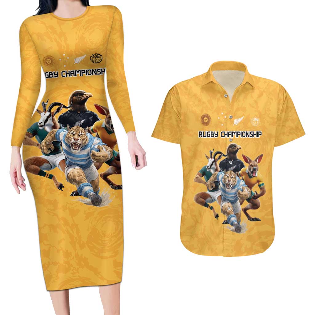 Custom Rugby Southern Hemisphere Couples Matching Long Sleeve Bodycon Dress and Hawaiian Shirt Argentina AUNZ South Africa Mascot Gold - Polynesian Pride