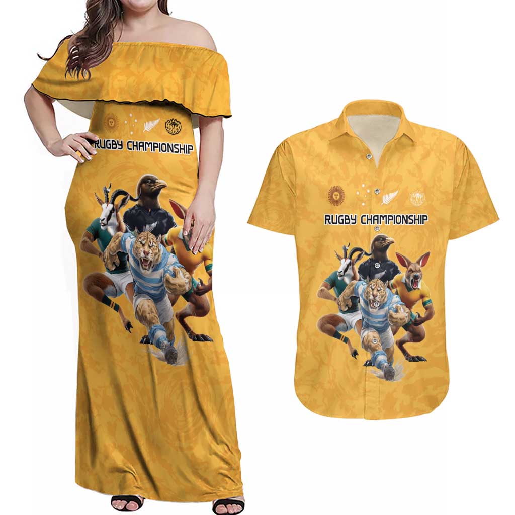 Custom Rugby Southern Hemisphere Couples Matching Off Shoulder Maxi Dress and Hawaiian Shirt Argentina AUNZ South Africa Mascot Gold - Polynesian Pride
