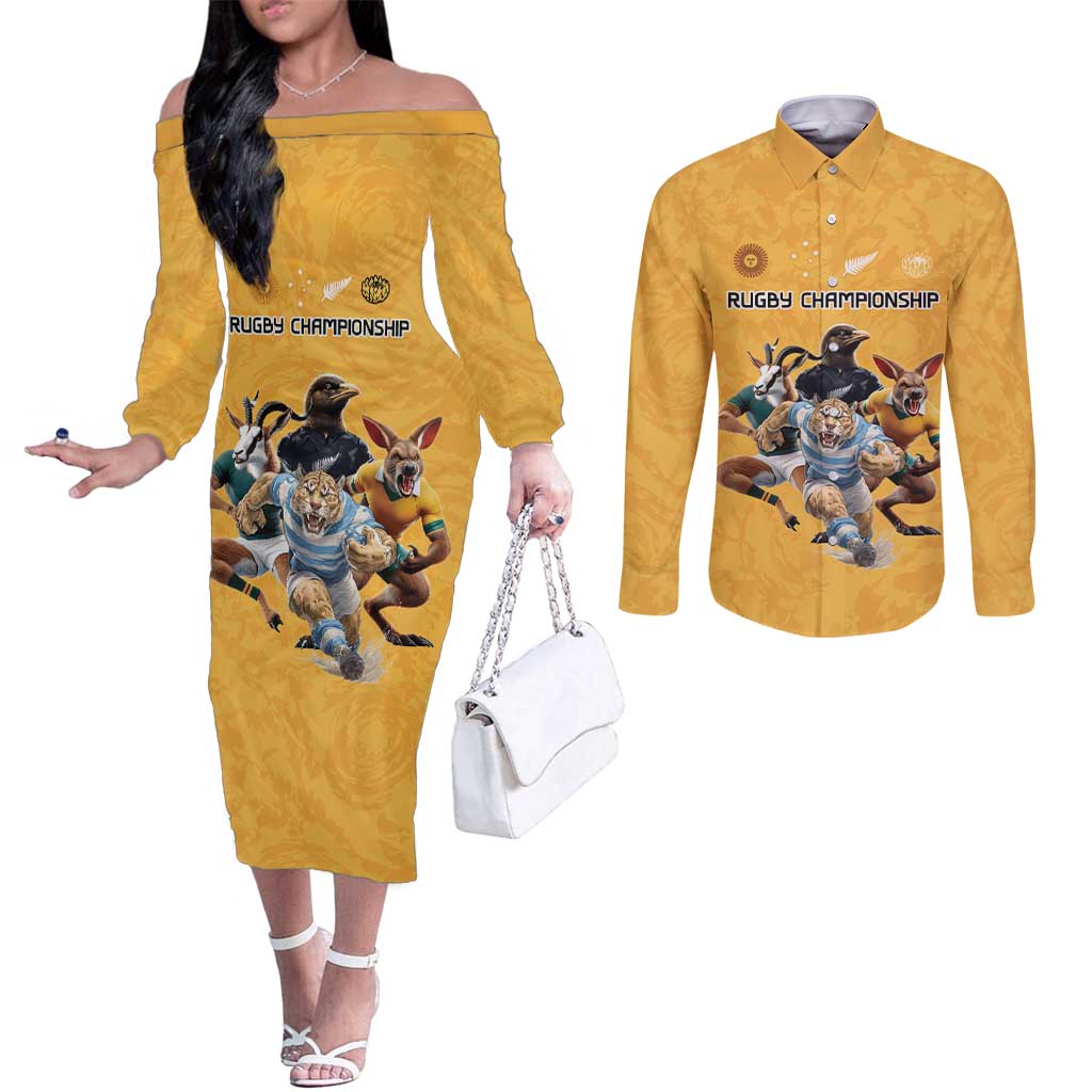 Custom Rugby Southern Hemisphere Couples Matching Off The Shoulder Long Sleeve Dress and Long Sleeve Button Shirt Argentina AUNZ South Africa Mascot Gold - Polynesian Pride