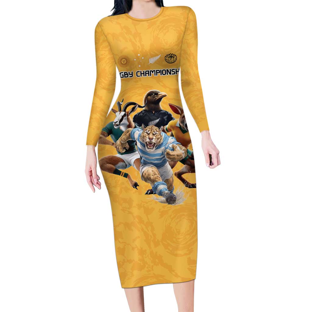 Custom Rugby Southern Hemisphere Family Matching Long Sleeve Bodycon Dress and Hawaiian Shirt Argentina AUNZ South Africa Mascot Gold - Polynesian Pride