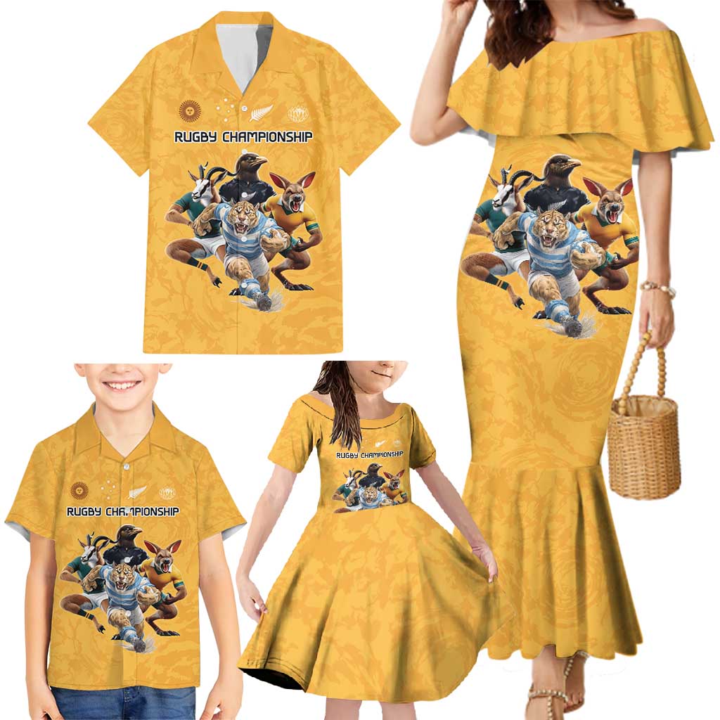 Custom Rugby Southern Hemisphere Family Matching Mermaid Dress and Hawaiian Shirt Argentina AUNZ South Africa Mascot Gold - Polynesian Pride