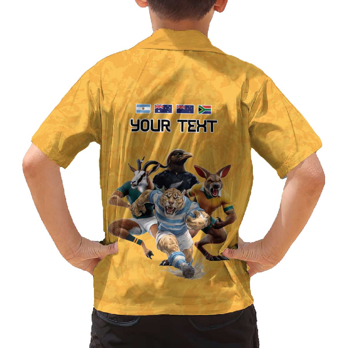 Custom Rugby Southern Hemisphere Family Matching Off The Shoulder Long Sleeve Dress and Hawaiian Shirt Argentina AUNZ South Africa Mascot Gold - Polynesian Pride