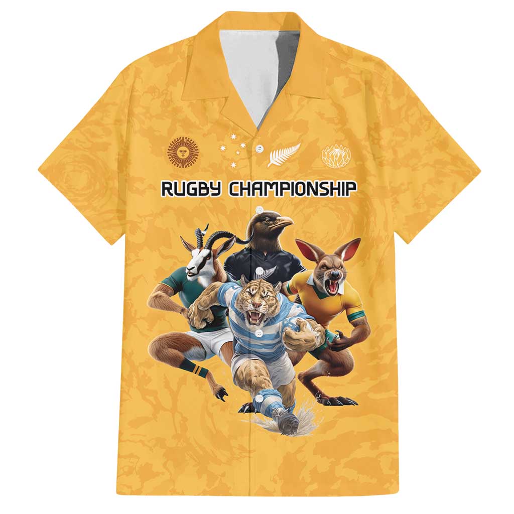 Custom Rugby Southern Hemisphere Family Matching Off Shoulder Maxi Dress and Hawaiian Shirt Argentina AUNZ South Africa Mascot Gold - Polynesian Pride
