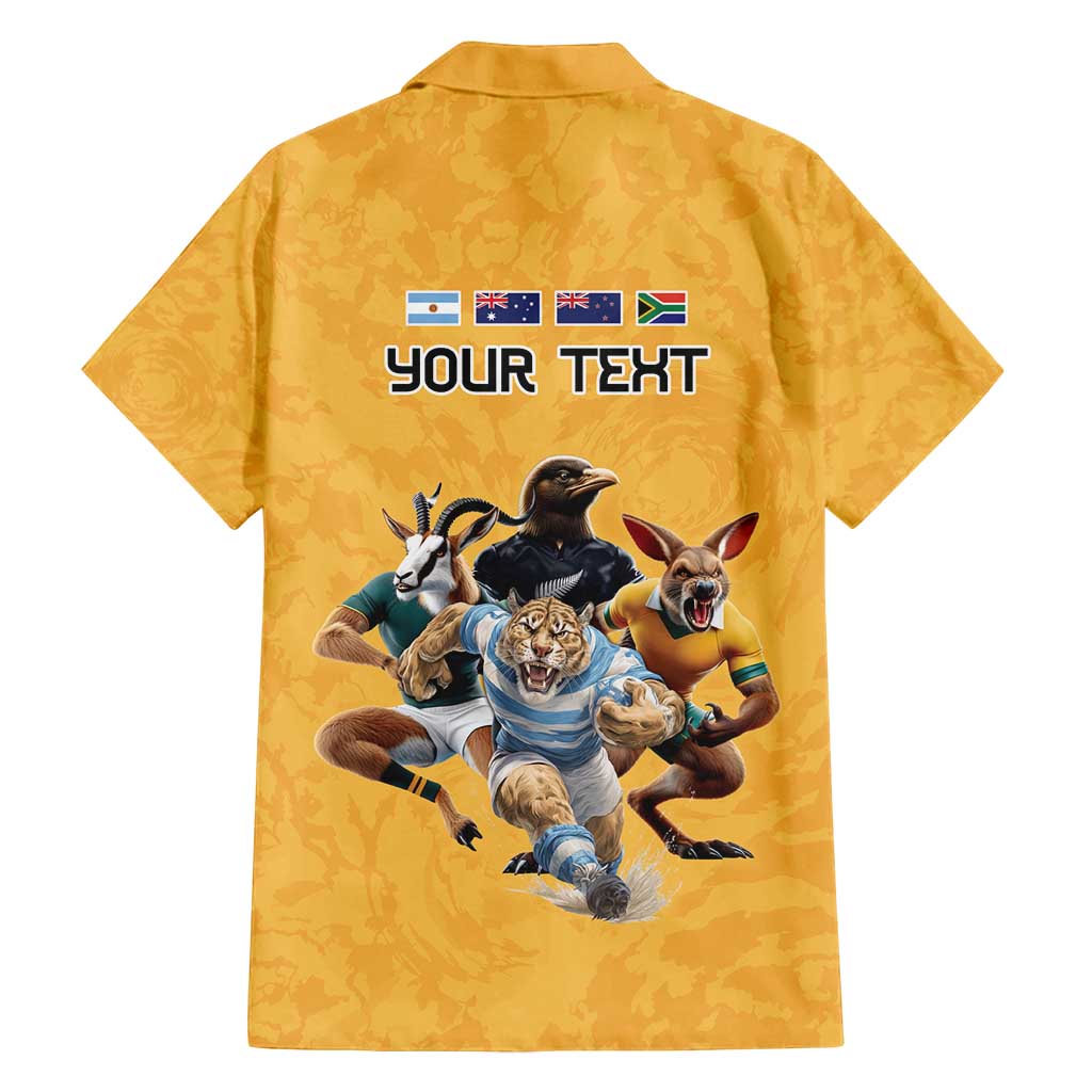 Custom Rugby Southern Hemisphere Family Matching Off Shoulder Short Dress and Hawaiian Shirt Argentina AUNZ South Africa Mascot Gold - Polynesian Pride