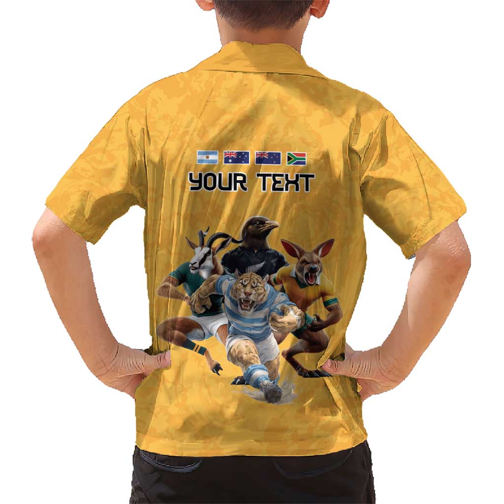 Custom Rugby Southern Hemisphere Family Matching Short Sleeve Bodycon Dress and Hawaiian Shirt Argentina AUNZ South Africa Mascot Gold - Polynesian Pride