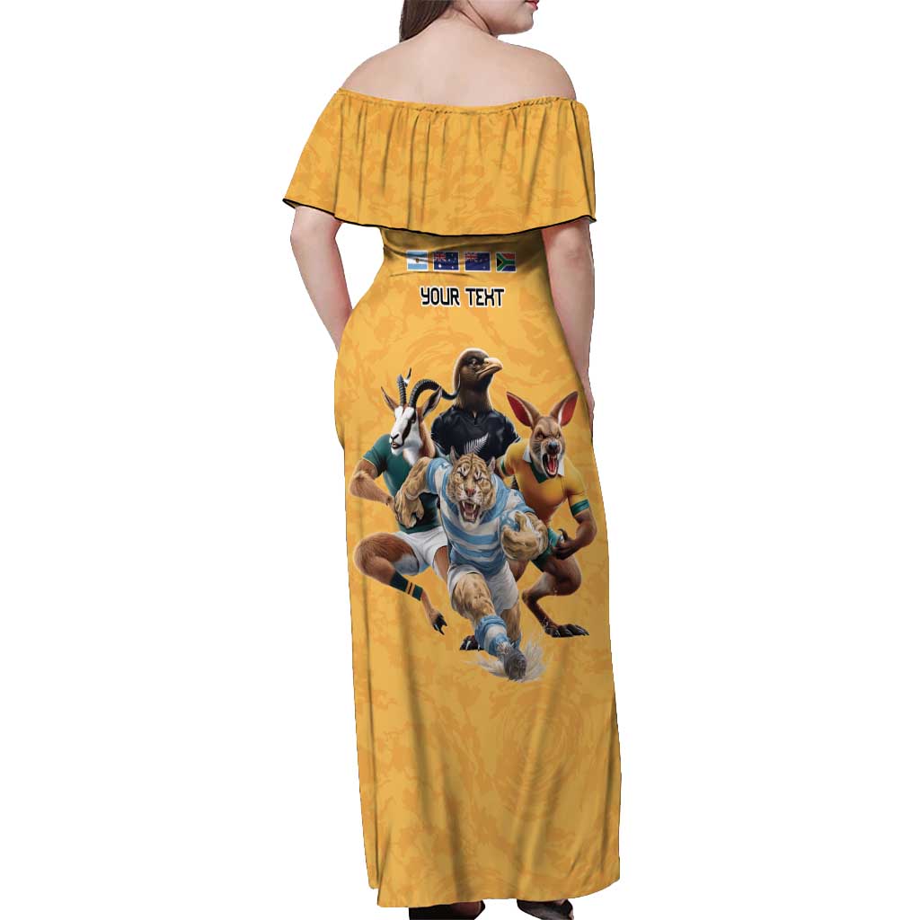 Custom Rugby Southern Hemisphere Off Shoulder Maxi Dress Argentina AUNZ South Africa Mascot Gold - Polynesian Pride